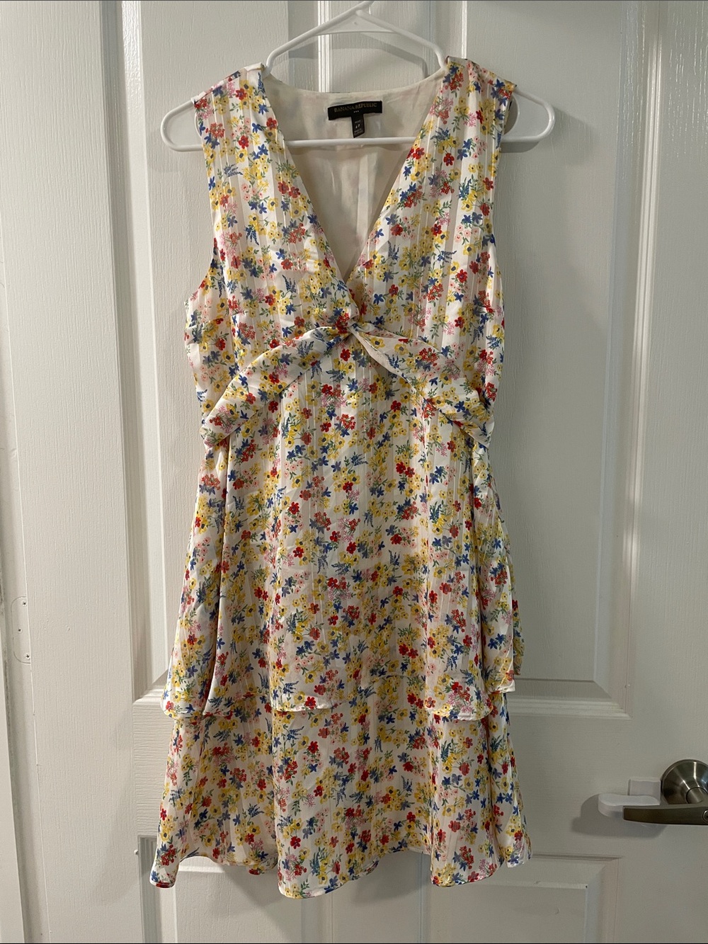 Banana Republic Cream Floral Mini Dress with Tie Front
